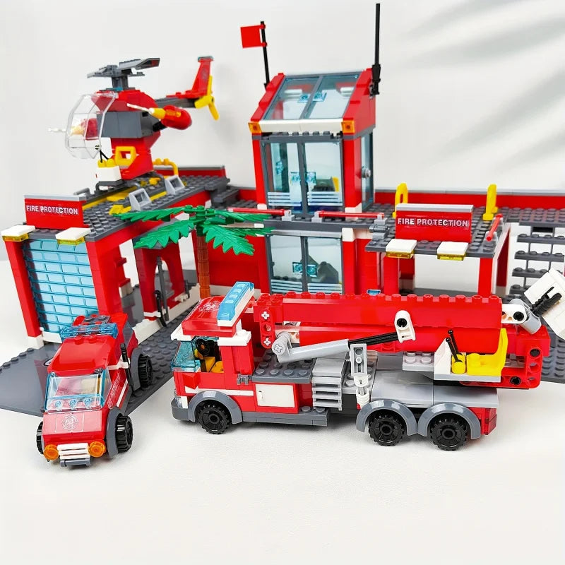 City Fire Station Building Block Set with Fire Truck &amp; Rescue Helicopter