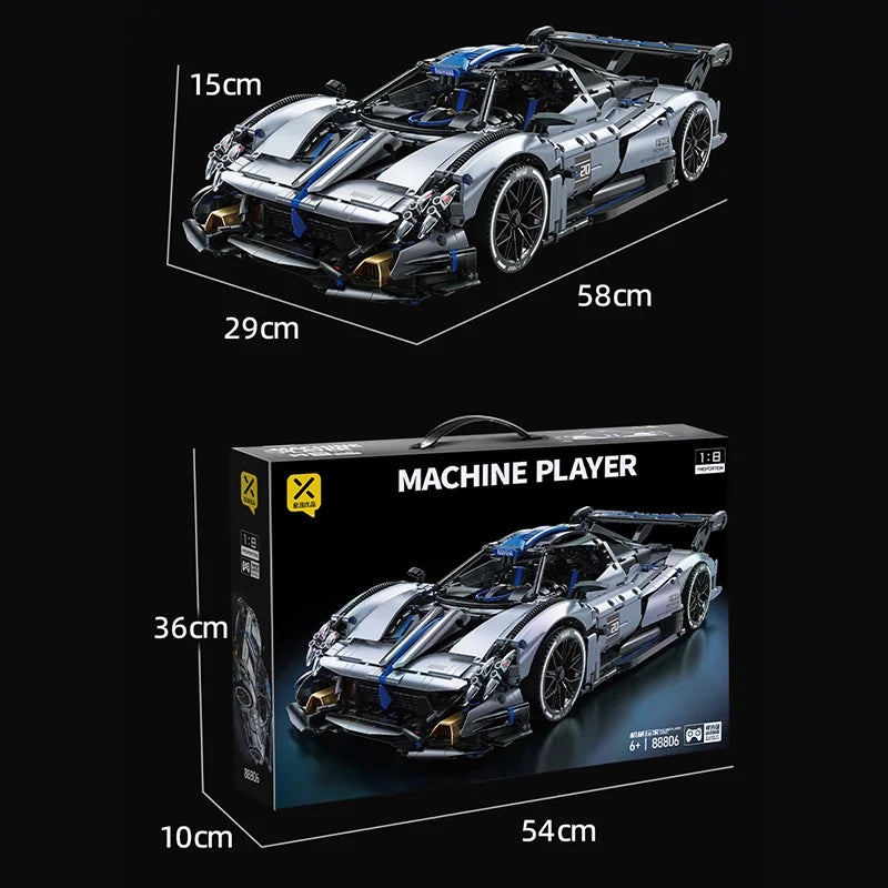 TOYLINX 1:8 Scale Silver-Blue Technic Racing Car Building Block Set – 3,526 Pieces