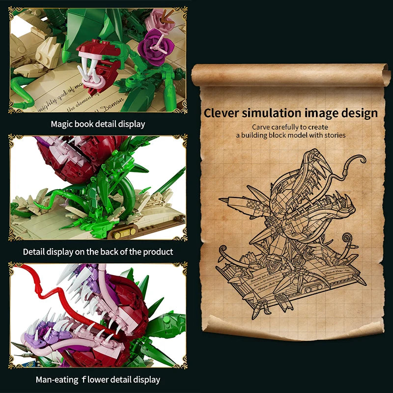 Creative MOC Carnivorous Plant Magic Book Building Blocks Collection Home Decoration Bricks Construction Toys For Children Gift