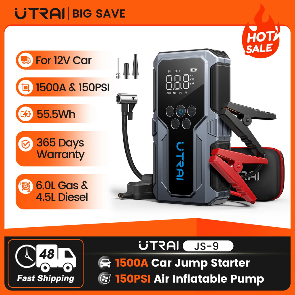 UTRAI JS-9 4-in-1 1500A Jump Starter with 150PSI Air Compressor & Power Bank