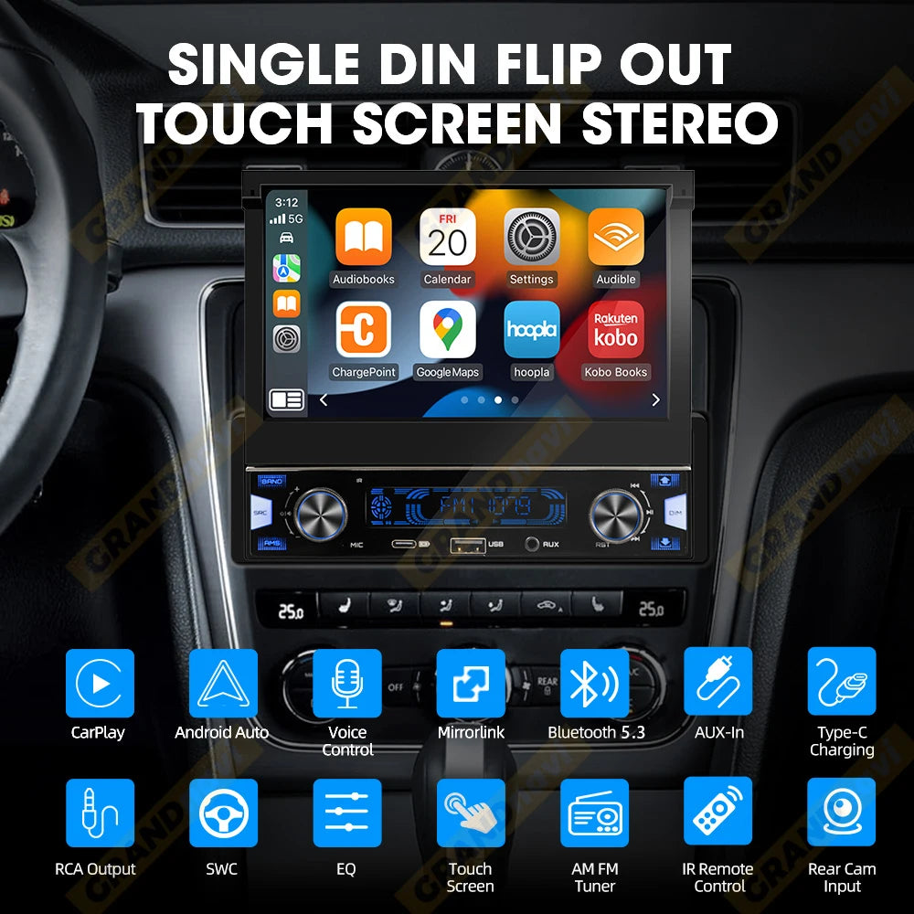 7" Retractable Wireless Android Auto Car Stereo – 1DIN MP5 Player