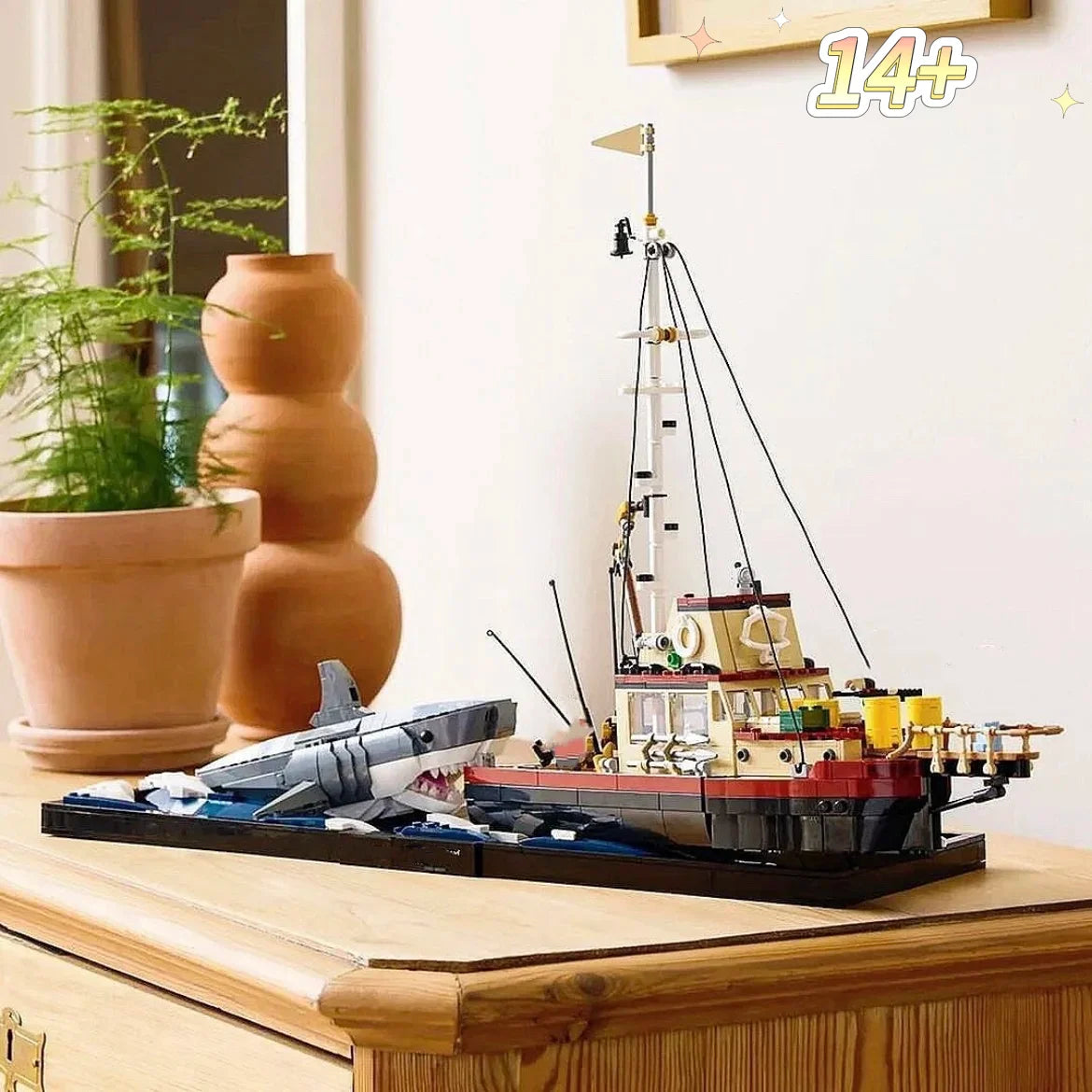 1,497PCS  JAWS - Inspired Shark & Fishing Boat Diorama – MOC 21350