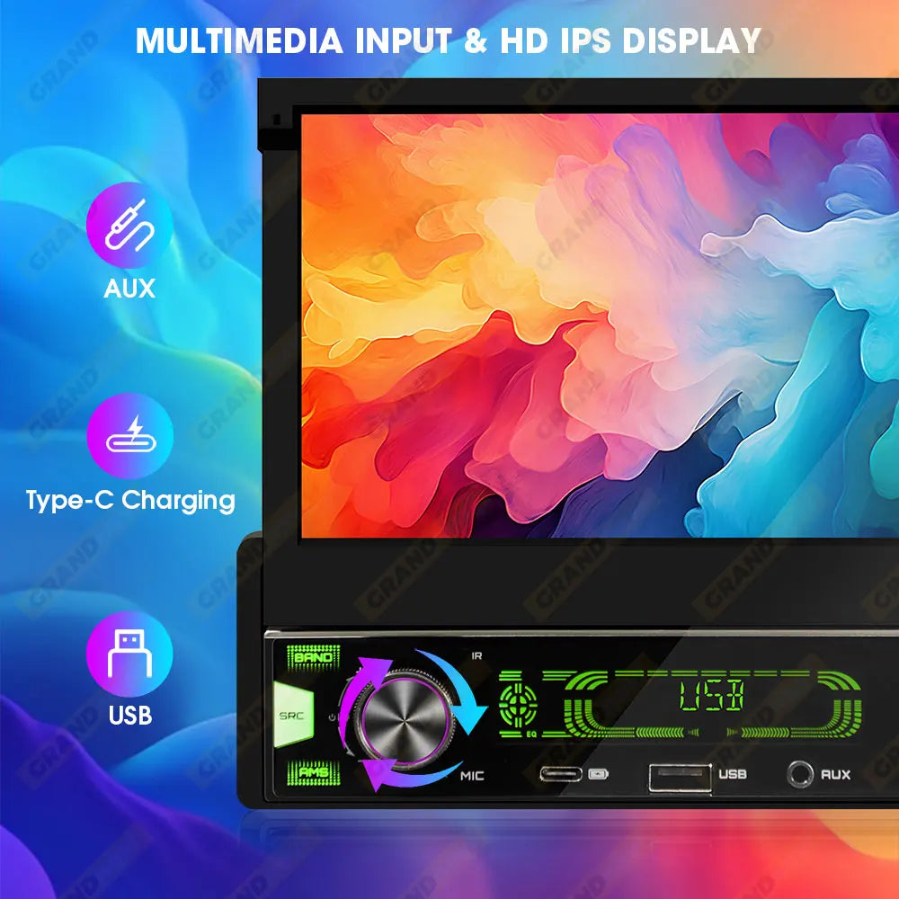 7" Retractable Wireless Android Auto Car Stereo – 1DIN MP5 Player