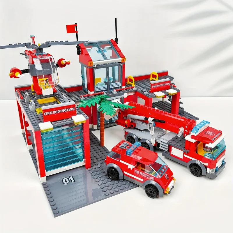 City Fire Station Building Block Set with Fire Truck &amp; Rescue Helicopter