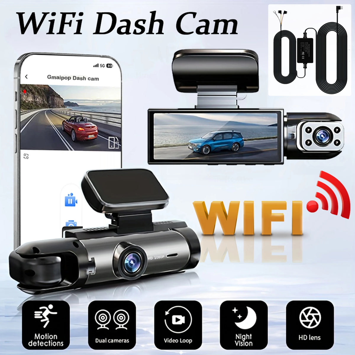 1080P WiFi Dual Dash Cam – Front + Interior