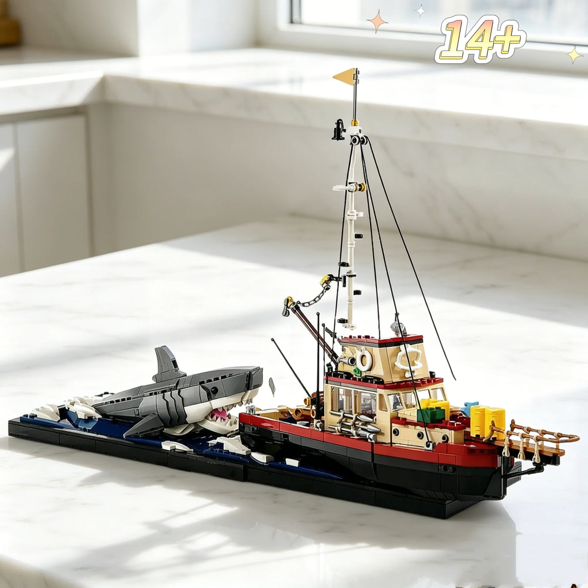 1,497PCS  JAWS - Inspired Shark & Fishing Boat Diorama – MOC 21350