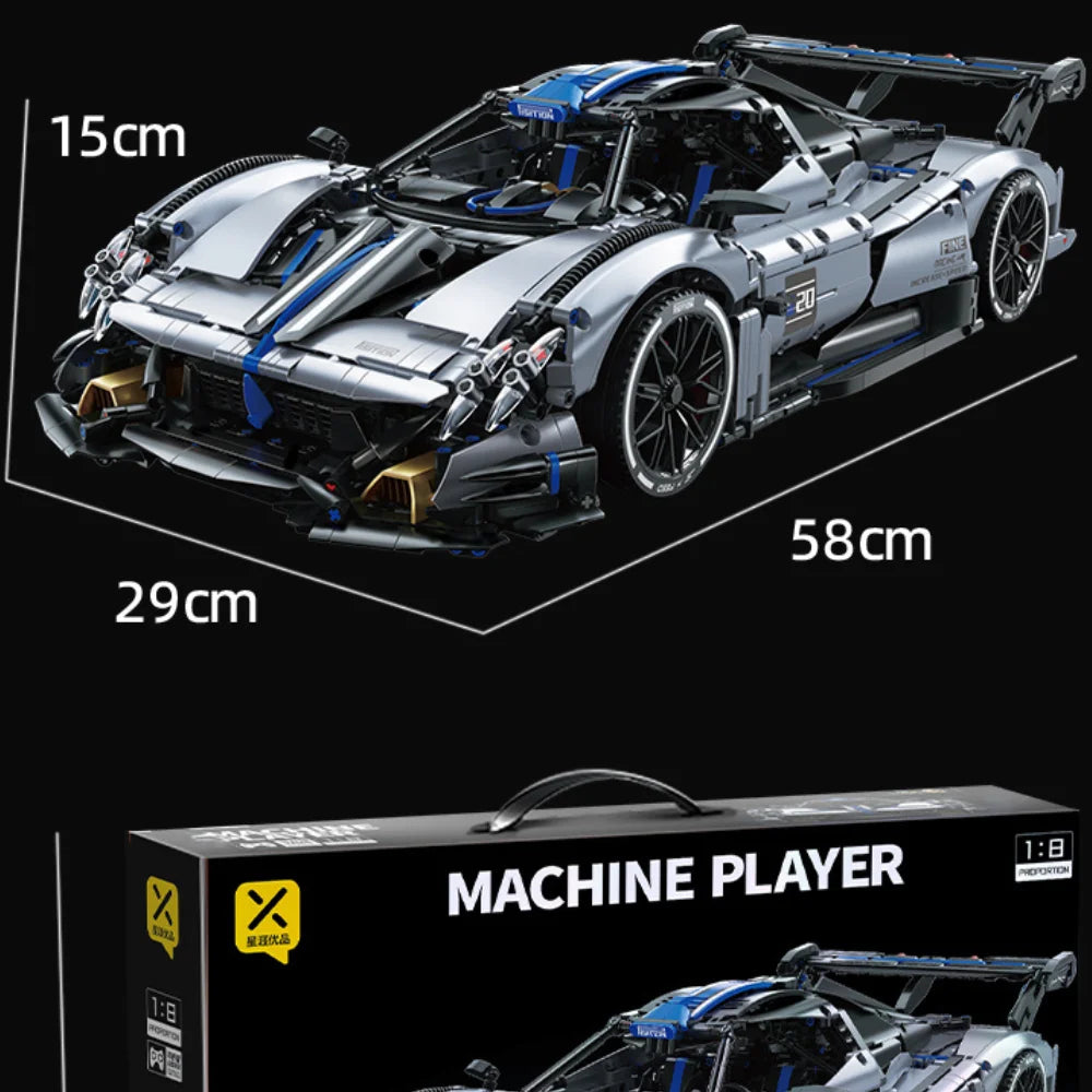 TOYLINX 1:8 Scale Silver-Blue Technic Racing Car Building Block Set – 3,526 Pieces