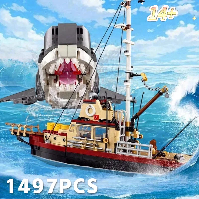 1,497PCS  JAWS - Inspired Shark & Fishing Boat Diorama – MOC 21350
