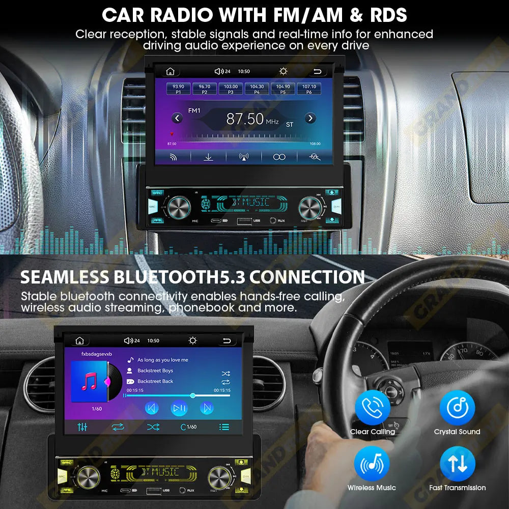 7" Retractable Wireless Android Auto Car Stereo – 1DIN MP5 Player