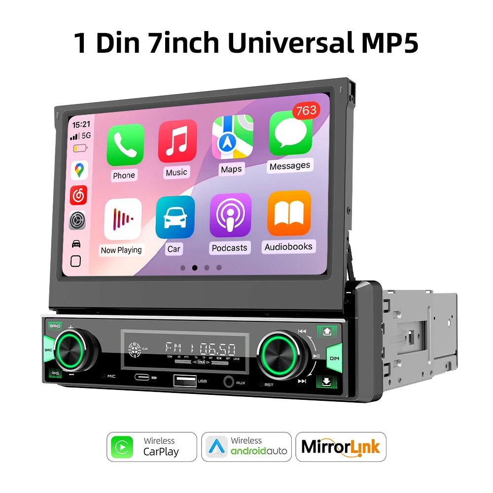 7" Retractable Wireless CarPlay & Android Auto Stereo – 1DIN