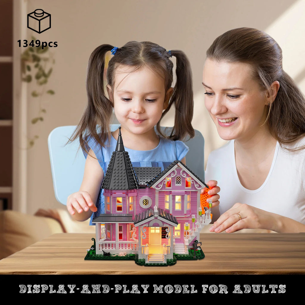 MOC Coraline™ The Pink Palace House Building Set – 1,349 Pieces with LED Lights