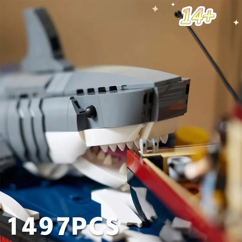 1,497PCS  JAWS - Inspired Shark & Fishing Boat Diorama – MOC 21350