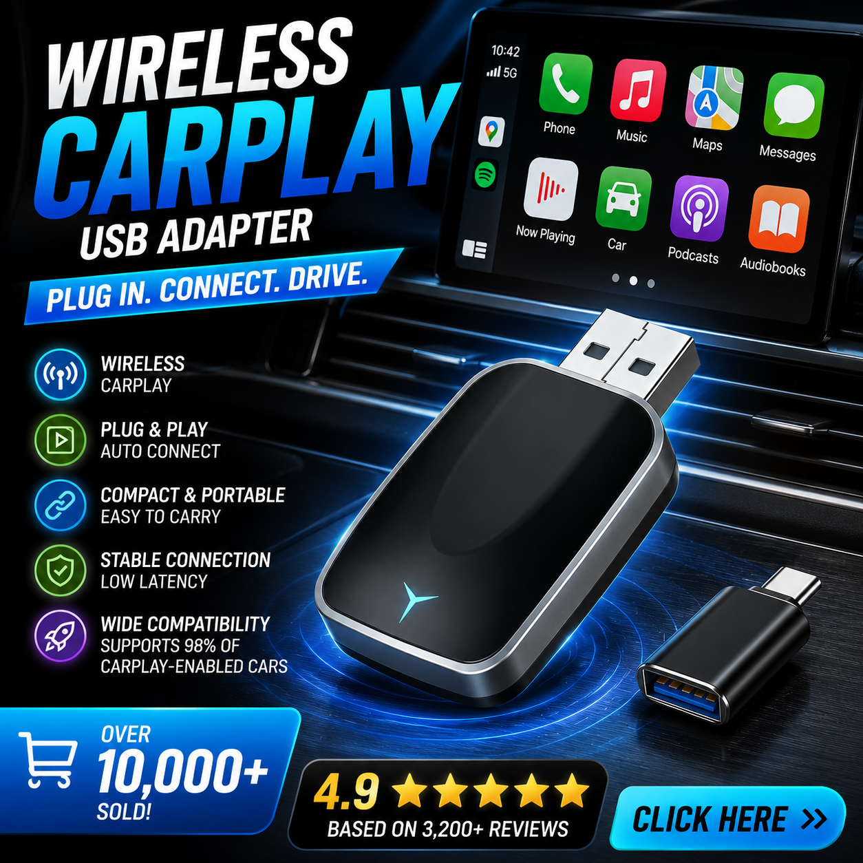 Wireless CarPlay &amp; Android Auto Smart Mini Adapter