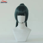 Anime Cosplay Maki Zenin Wigs Dark Green Ponytail Heat Resistant Synthetic Hair Cosplay Wig + Wig Cap + Glasses