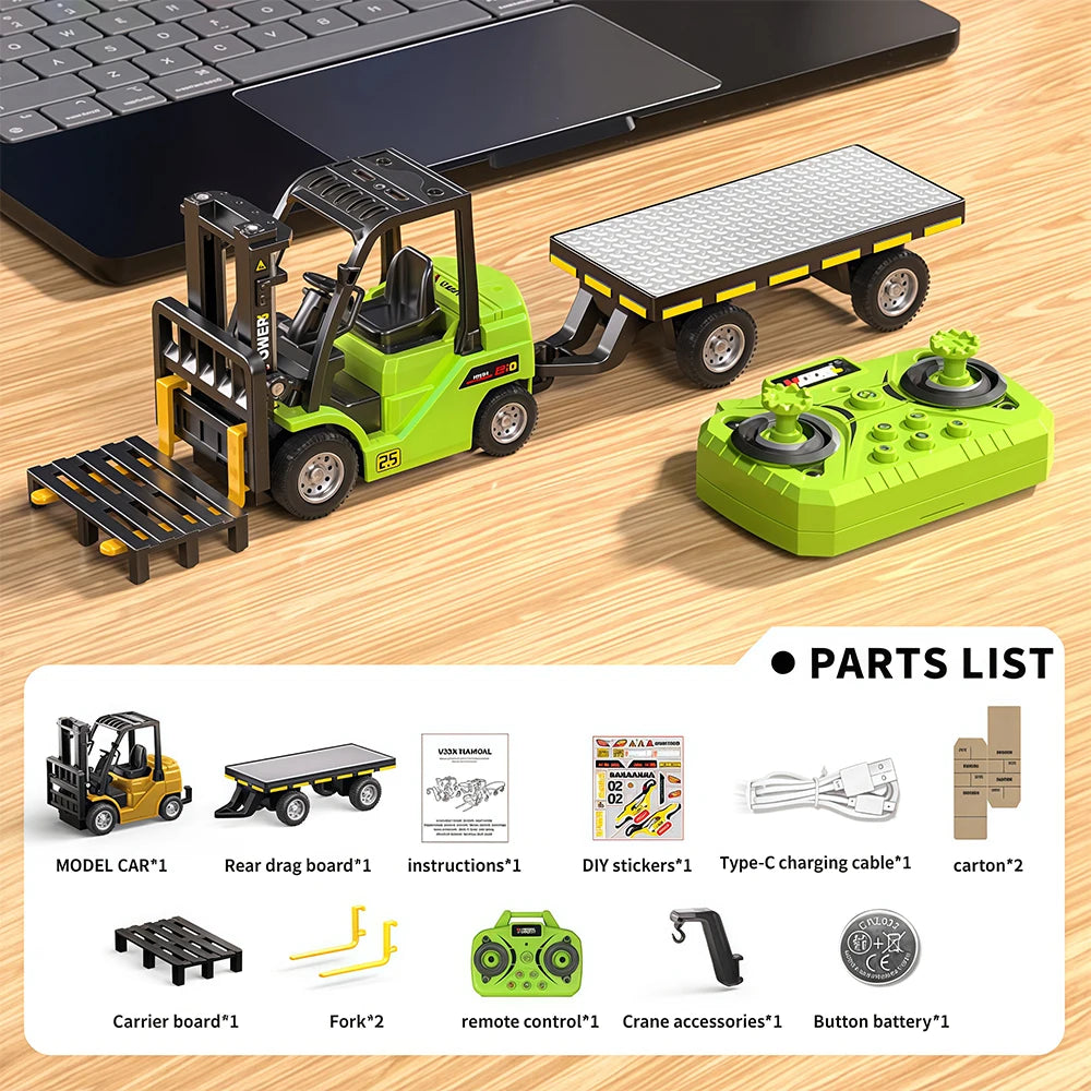 1:64 Bluetooth Remote Control Crane and Forklift Two-In-One Desktop Mini Alloy Toy Car with Trailer Christmas Gift in Color Box