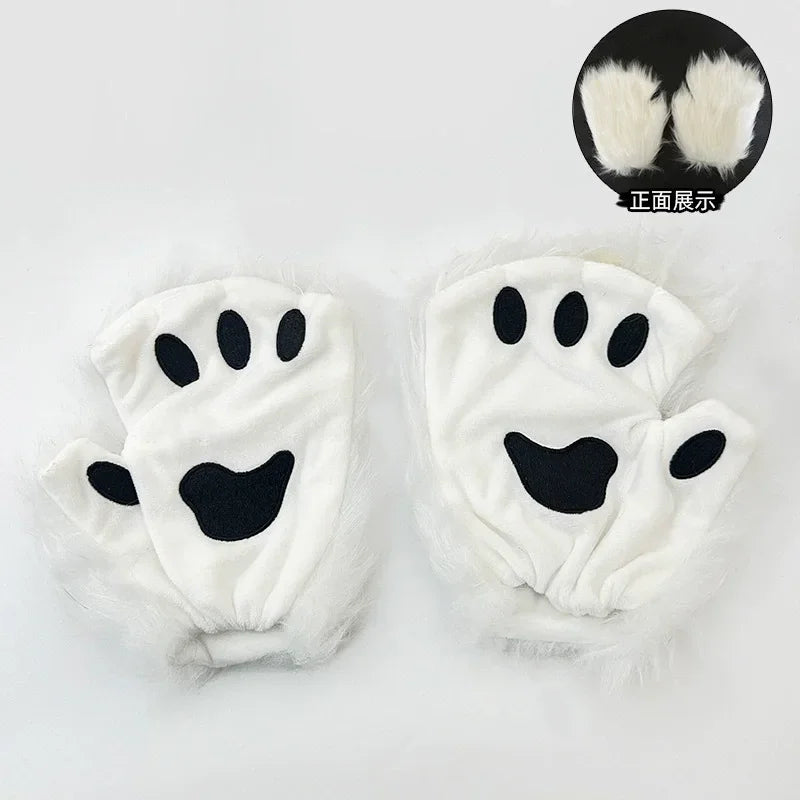 Fluffyanime Animal Fur Fox Tail Cat Paws Gloves and Ears Headwear Face Mask Cosplay Costume Set Halloween Party Accessorie