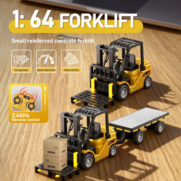 1:64 Bluetooth Remote Control Crane and Forklift Two-In-One Desktop Mini Alloy Toy Car with Trailer Christmas Gift in Color Box