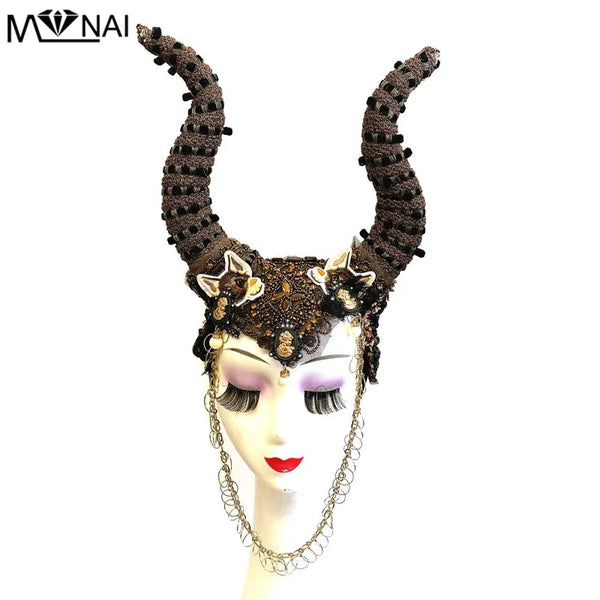 Halloween Ox Horns Headband Cosplay Prop Adult Fashion Show Beads Sequins Decor Devil Headdress Carnival Party