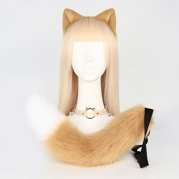Fluffyanime Animal Fur Fox Tail Cat Paws Gloves and Ears Headwear Face Mask Cosplay Costume Set Halloween Party Accessorie